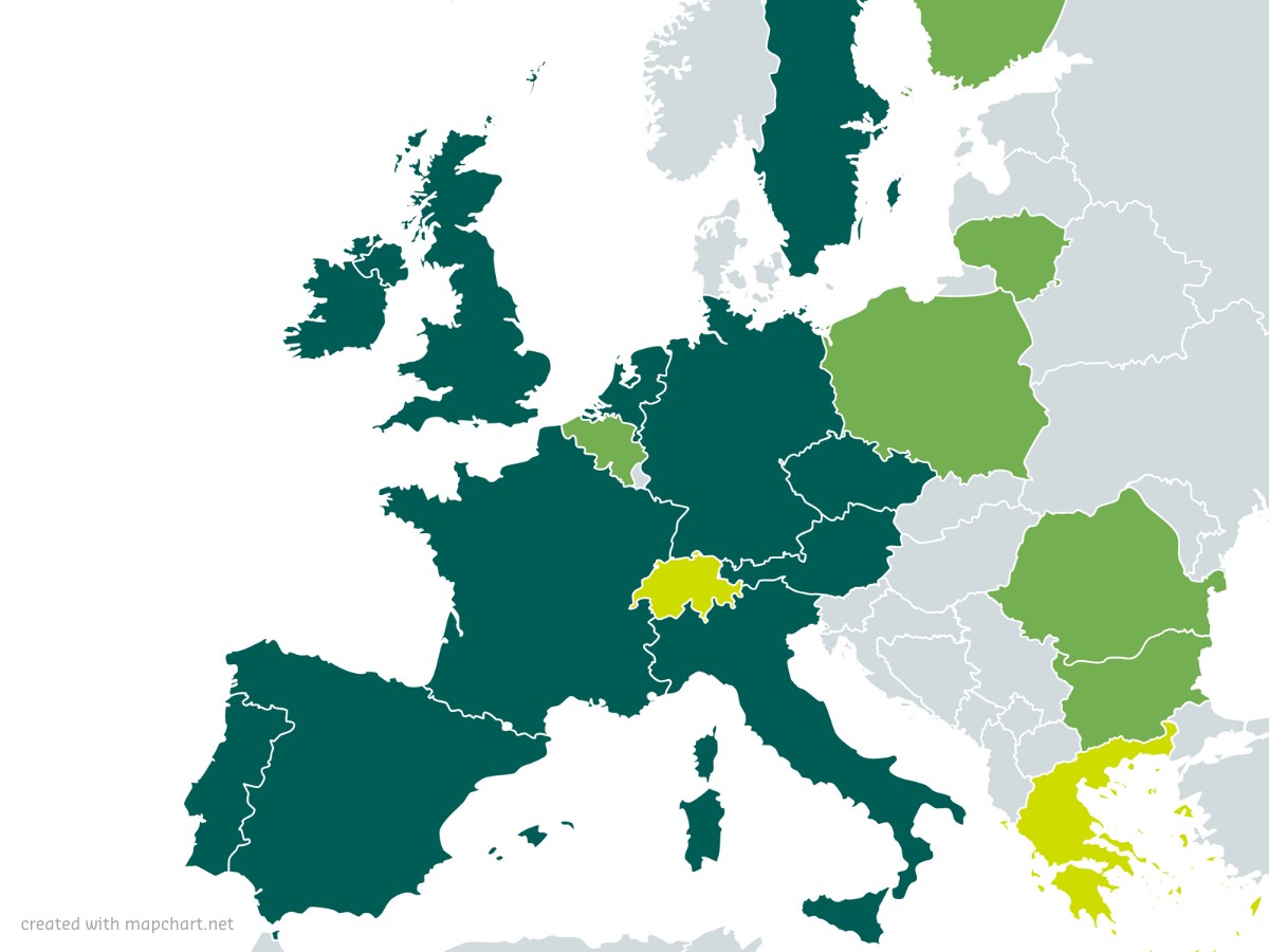 Europakarte mit verschiedenfarbig markierten Ländern.