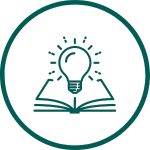 Icon für Lernen: aufgeschlagenes Buch mit Glühlampe