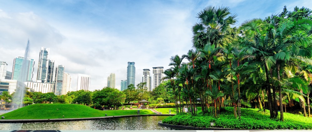 Kuala Lumpur: angelegter See mit Palmen im Vordergrund, einzelne moderne Hochhäuser im Hintergrund