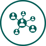 Icon Mitglieder: Netz aus sechs Kreisen mit Köpfen drin.